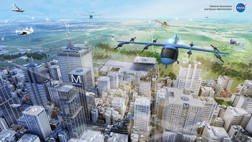 Digital rendering of eVTOL vehicles in flight over city