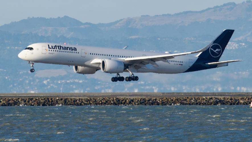 A Lufthansa Airbus A350-900 prepares to land at San Franciso International Airport in June 2019. 