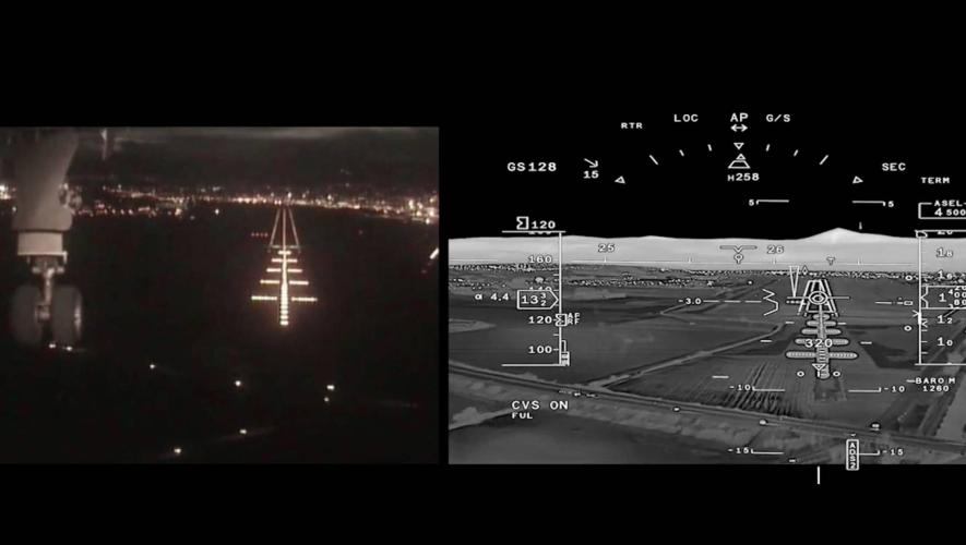 Dassault FalconEye Enhanced Flight Vision System display next to image of visual approach to landing