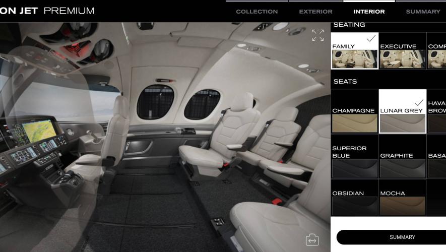 Screenshot of Cirrus Aircraft's online aircraft configurator displaying SF50 Vision Jet cabin with interior options