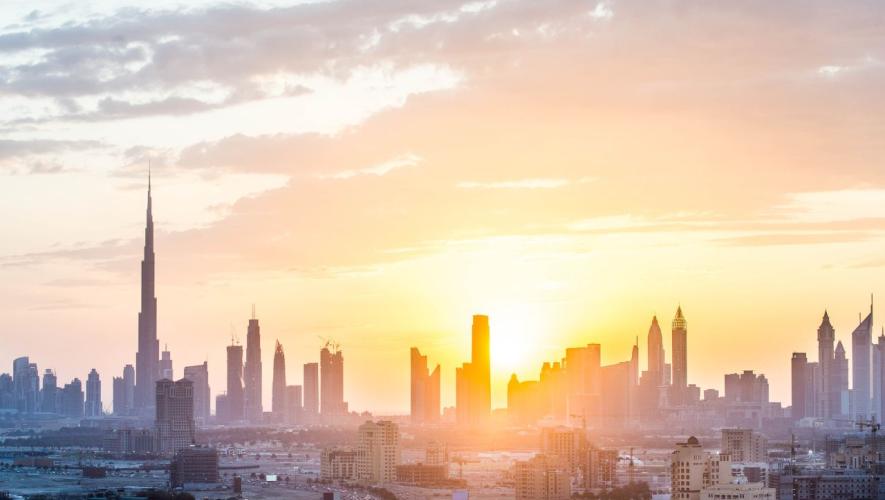 Skyline of Dubai at sunset