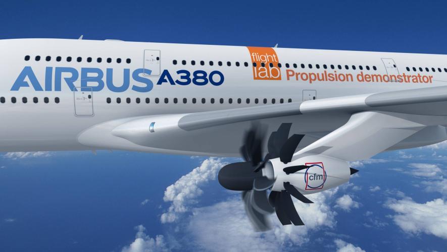 Digital rendering of Airbus A380 propulsion demonstrator in flight utilizing open fan technology