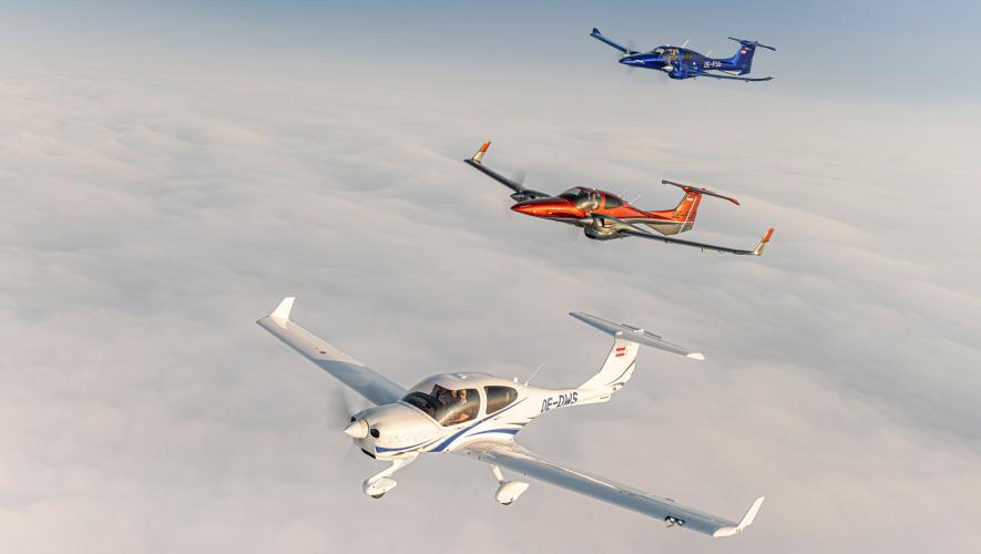 Various models of Diamond Aircraft flying in formation above cloud layer