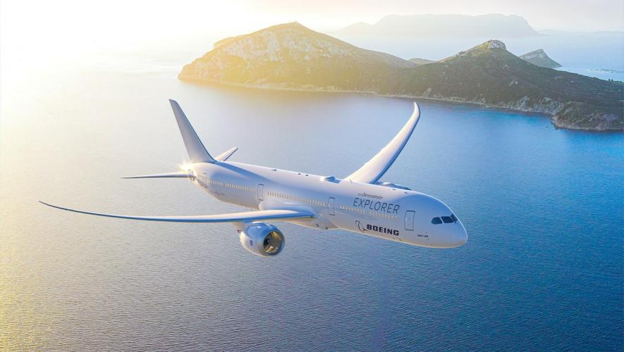 Boeing 787-10 Explorer in flight over islands