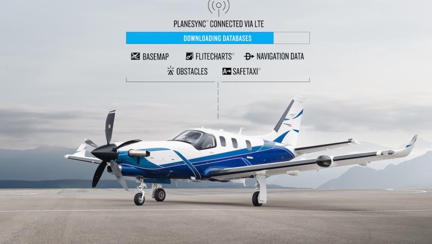 TBM 960 parked on airport ramp with PlaneSync infographic above