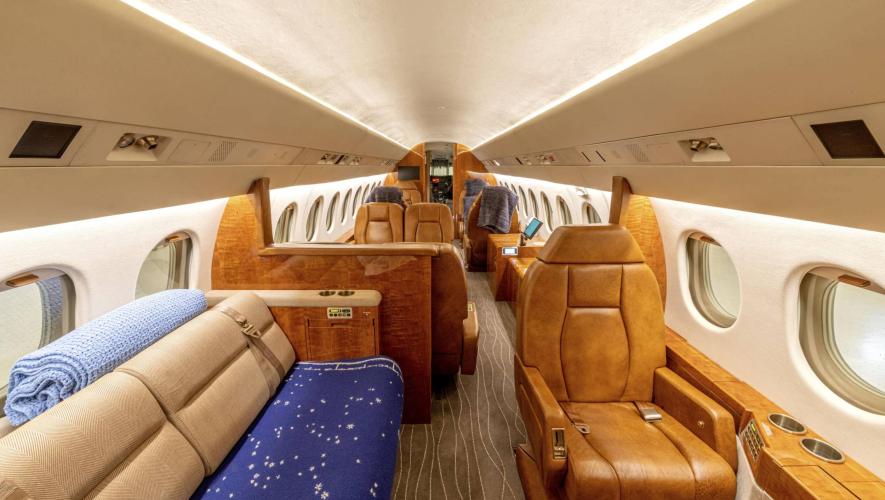 Falcon 900B aircraft cabin equipped with PWI's LED lighting system