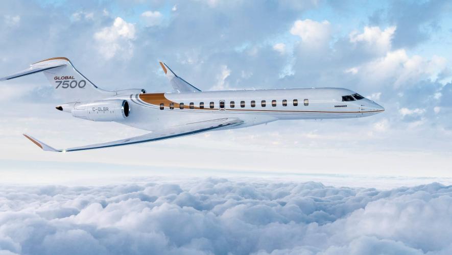 Bombardier Global 7500 in flight over clouds