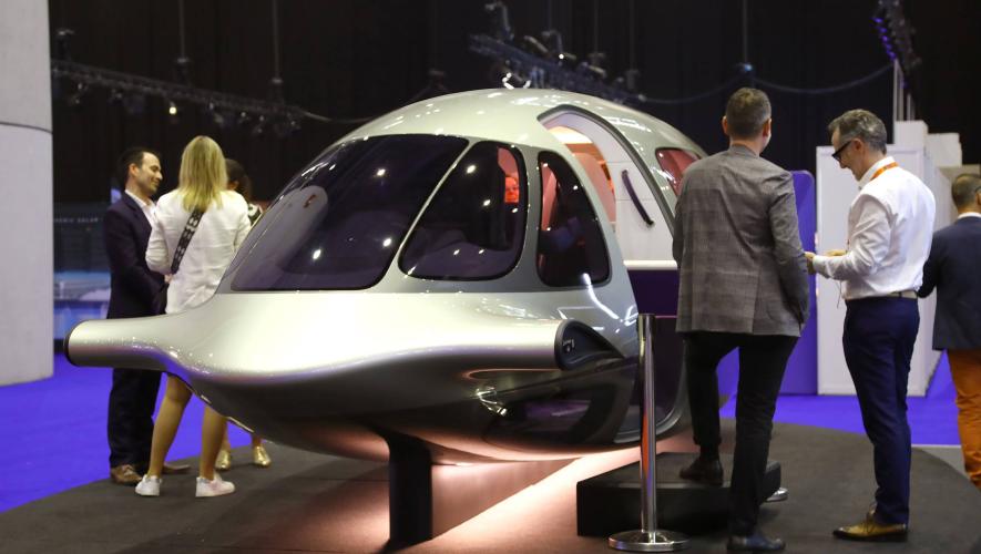 A mockup of the Lilium Jet eVTOL air taxi cabin is on display at EBACE 2023.