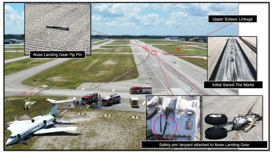 Collage of images from Gulfstream G-IV accident, Fort Lauderdale Executive Airport, Aug. 21, 2021,