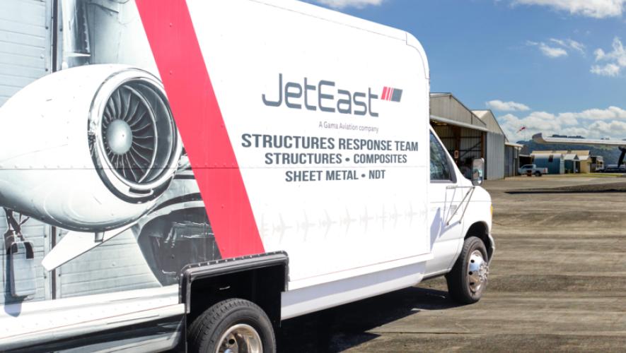 Jet East mobile services truck on airport ramp