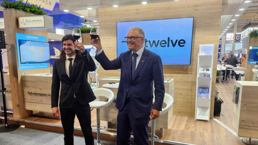 Twelve CEO and co-founder Nicholas Flanders (left) and Washington Governor Jay Inslee toast to Twelve's new SAF production facility during the Paris Airshow