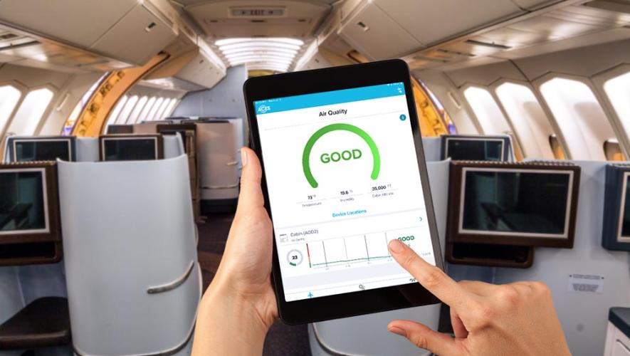 Teledyne Controls' Aces cabin air monitoring system app displayed on iPad in aircraft cabin