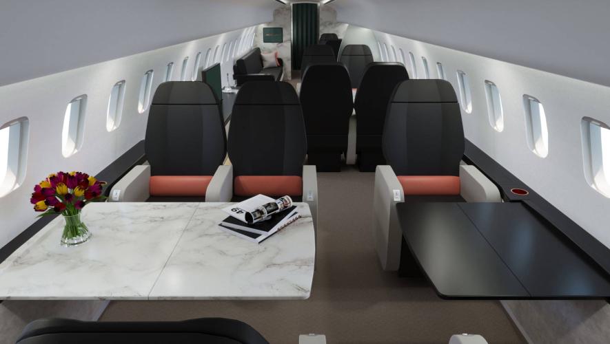 Cabin of business jet fitted with ATR Bespoke VIP HighLine collection 