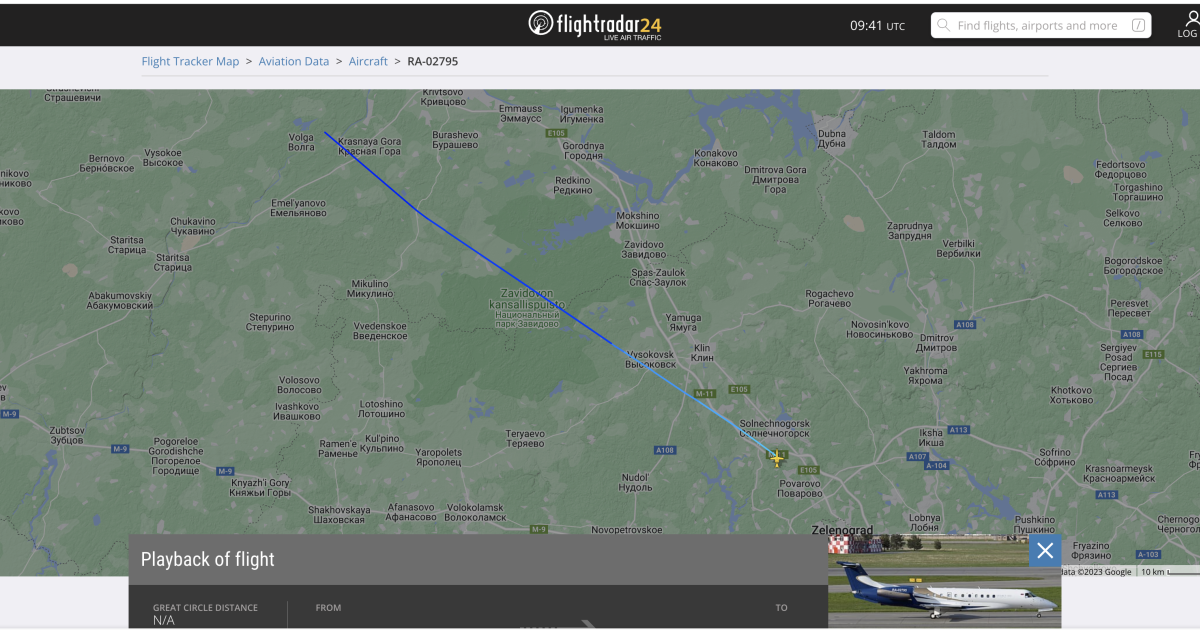 Flightradar24 map showing flight path of Embraer Legacy aircraft that crashed soon after takeoff from Moscow.