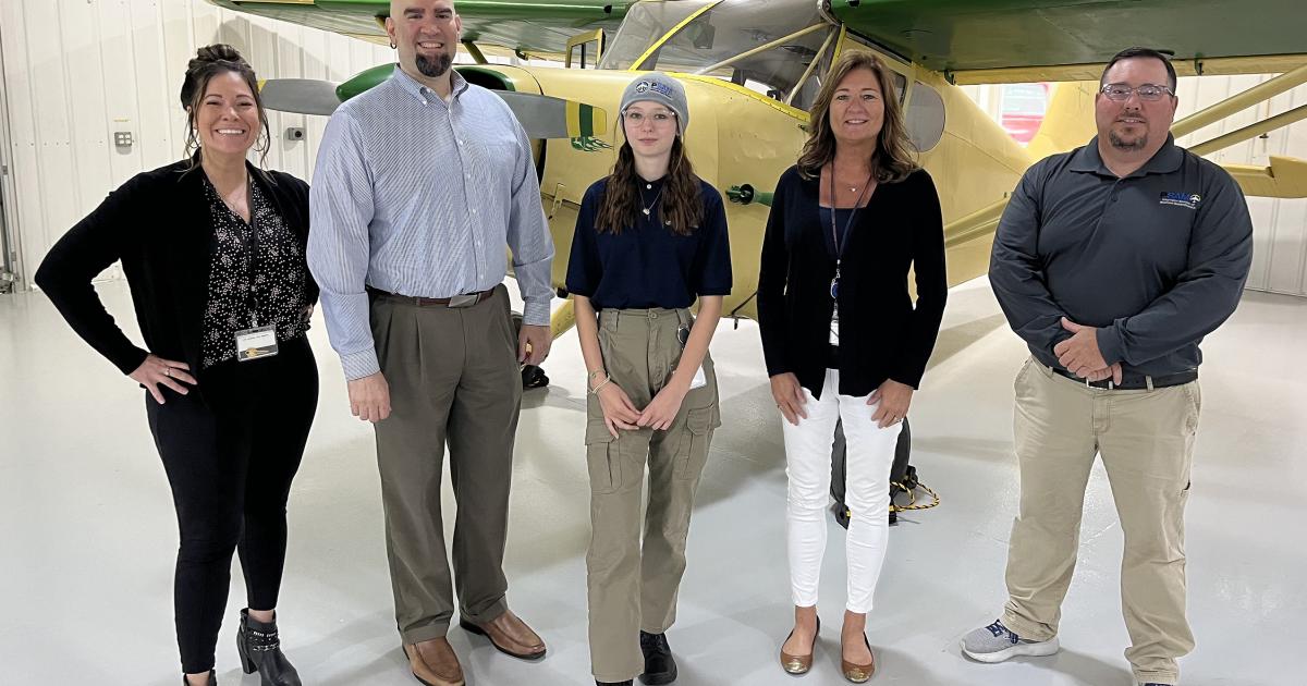 Pictured left to right: Michelle Susi, Summit Aviation; Joe Olivere, Delaware Department of Labor; Abby Holloway, Lynn Trent, Summit Aviation and John Morris, Polytech School of Aviation Maintenance 