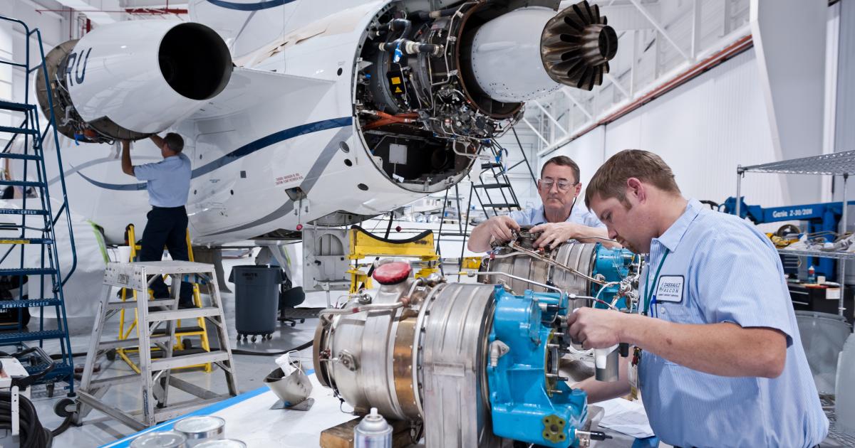 Dassault Falcon mechanics at work