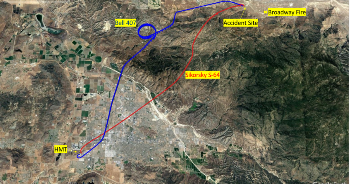 Path taken by S-64 and Bell 407 helicopters before midair collision