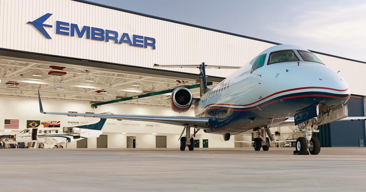 Embraer executive jet at maintenance facility 