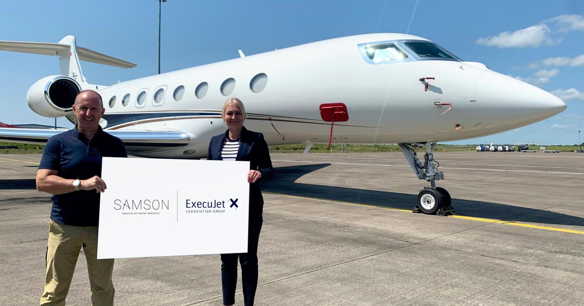 Gary Forster, Luxaviation Group FBO airport services manager (left) and Paula Ives, general manager of the Samson Executive Jet Centre at Newcastle International Airport in the UK