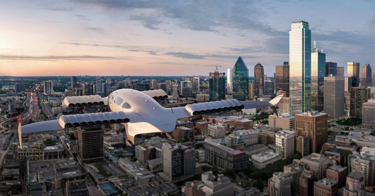 An artist's impression of a Lilium Jet Pioneer Edition eVTOL aircraft over Dallas.
