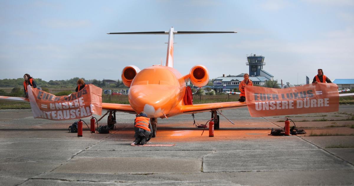 Letze Generation protestors damage a Citation CJ1+ aircraft at Sylt Airport in Germany.