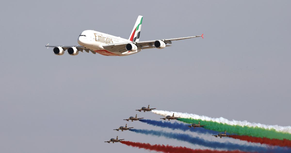 UAE’s Al Fursan (Knights) MB-339As and an Emirates Airbus A380