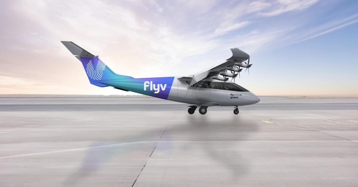 A digital rendering of Electra.aero's eSTOL aircraft decorated with Flyvbird's logo