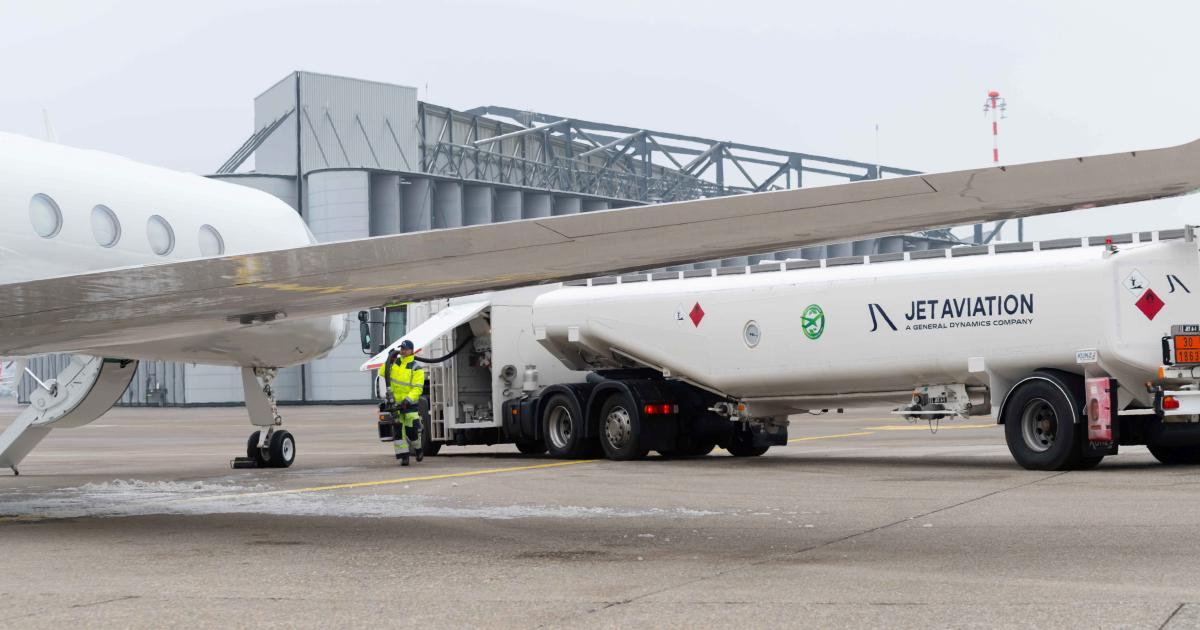 Jet Aviation sustainable fuel tanker at Zurich Airport