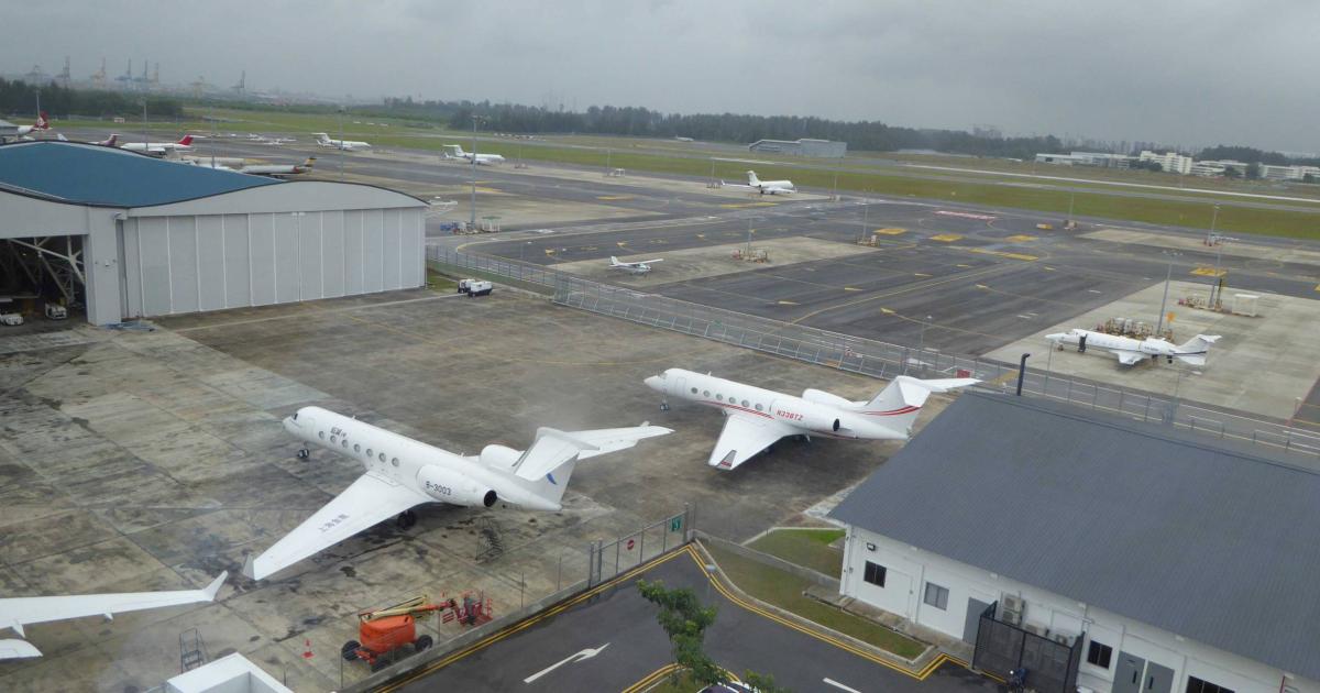 Business jets on the Jet Aviation ramp at Seletar Airport in Singapore