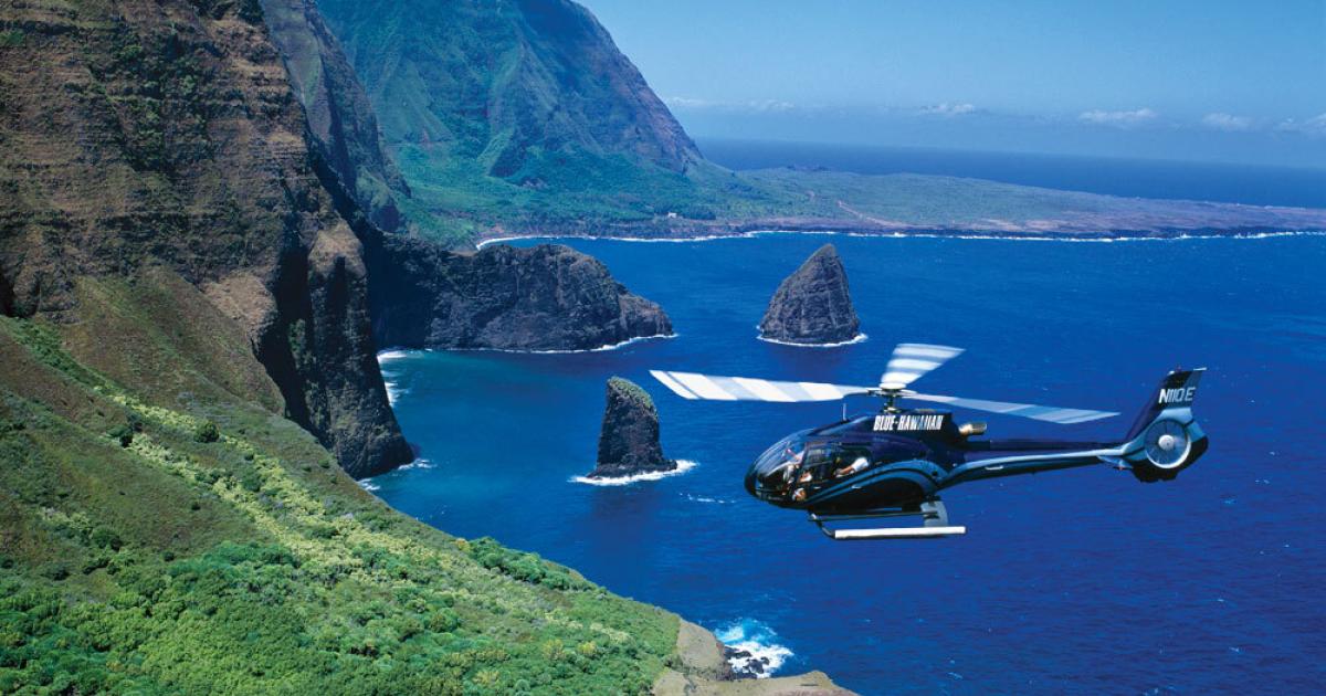 Helicopter over Hawaiian landscape