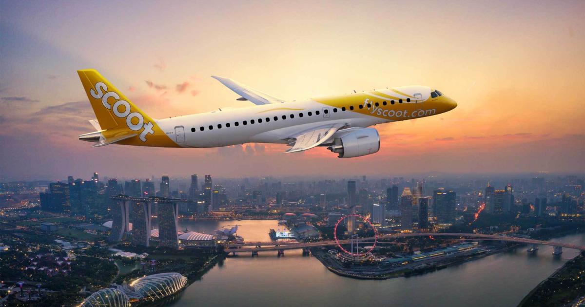 A digital rendering of an E190-E2 with Scoot livery flying over Singapore