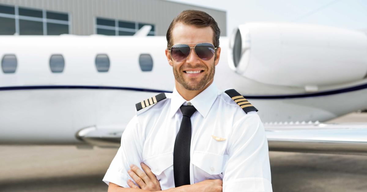 Pilot in front of business jet