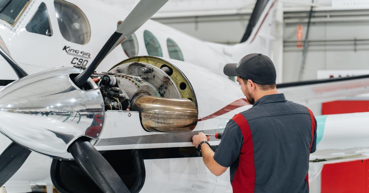 Stevens Aerospace mechanic working on a King Air