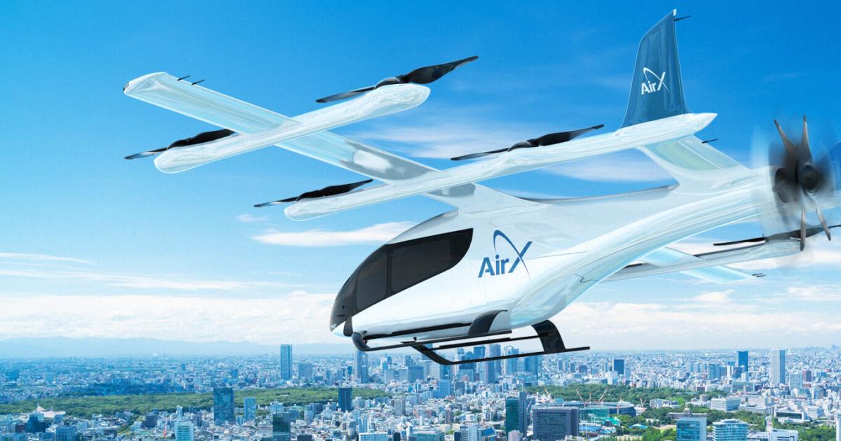 A digital rendering of Eve's eVTOL aircraft with the AirX logo