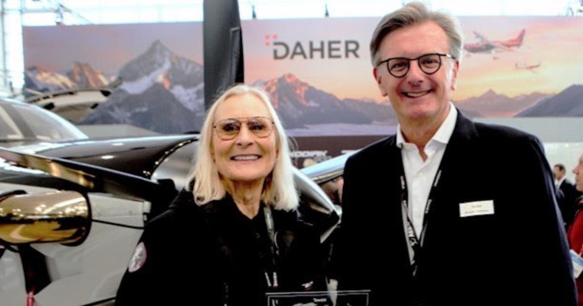  Ferry pilot Margrit Waltz and Nicolas Chabbert, the CEO of Daher's Aircraft Division at Aero Friedrichshafen (Photo: Daher/JMB)
