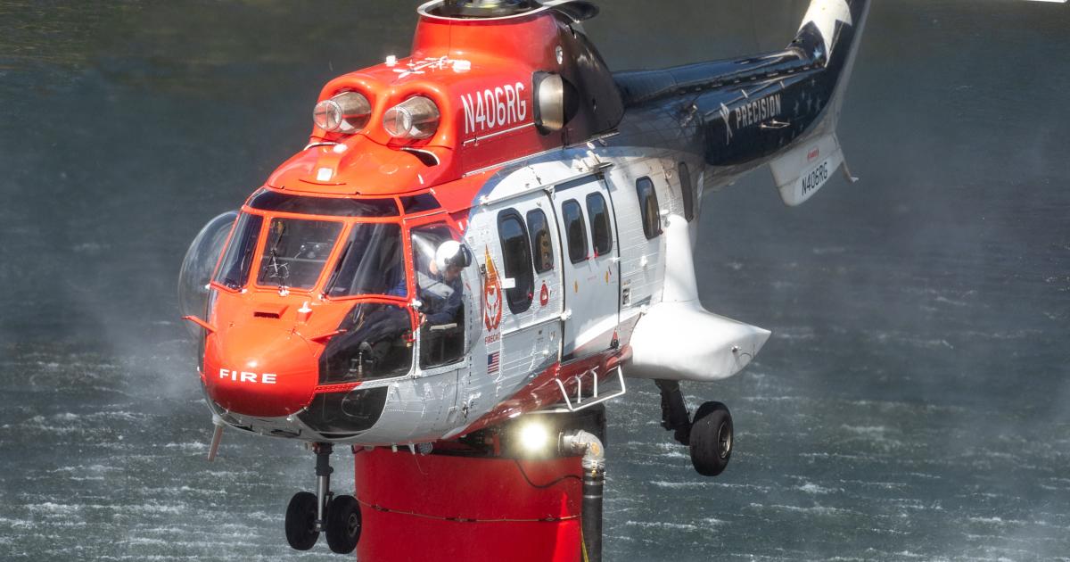 Precision Super Puma helicopter equipped with Recoil T1000-E firefighting tank