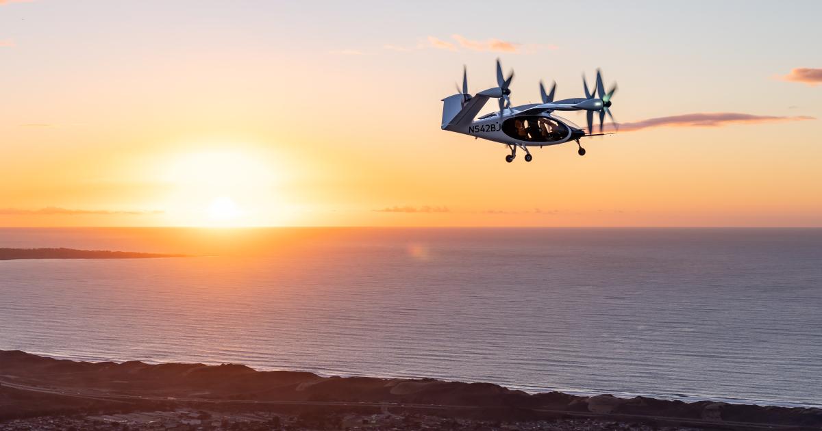 Joby's eVTOL aircraft prototype is pictured during a test flight above Marina, California, where the company has set up its pilot production facility. (Photo: Joby Aviation)