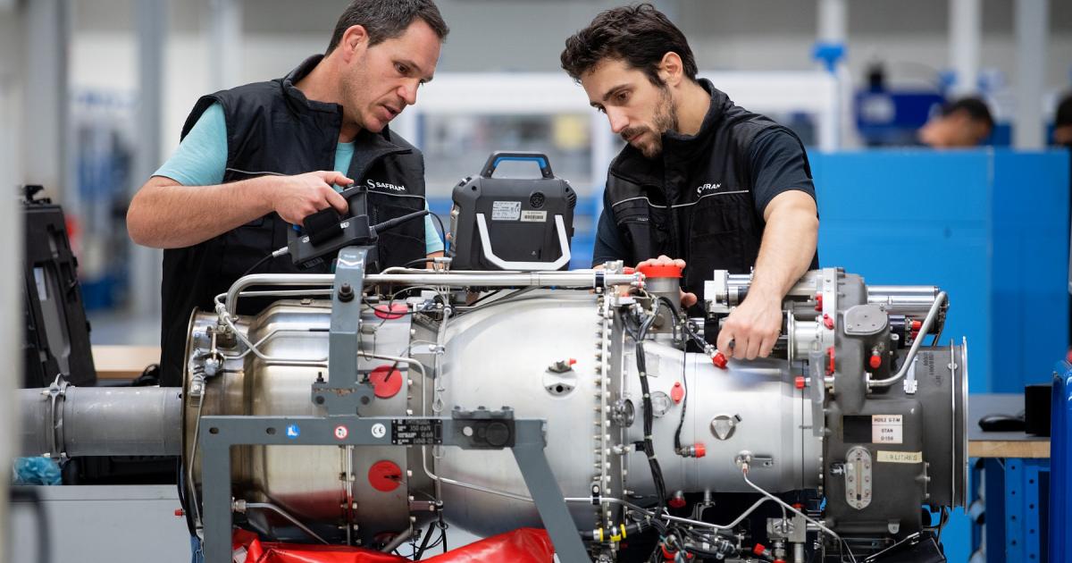 Safran techs inspect a Makila engine set to power its fleet of Airbus H225 