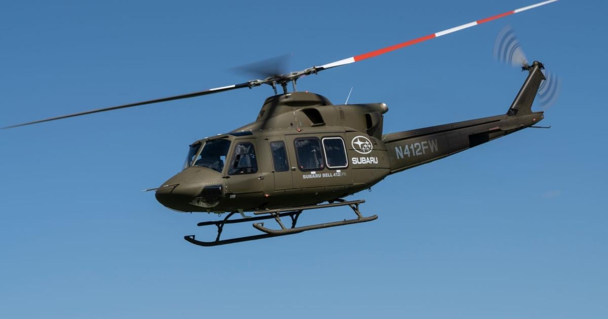 Military scheme Subaru Bell 412EXP flying