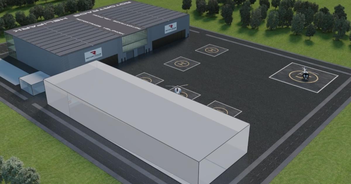 Rendering of helicopter centre with outside landing pads 