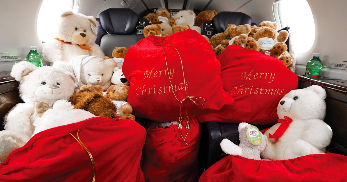 teddy bears fill an airplane cabin