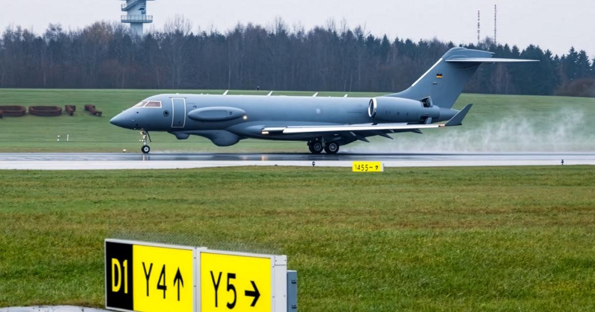 The modified Bombardier Global 6000 for the PEGASUS airborne SIGINT mission undergoing flight trials ahead of transfer to Germany.