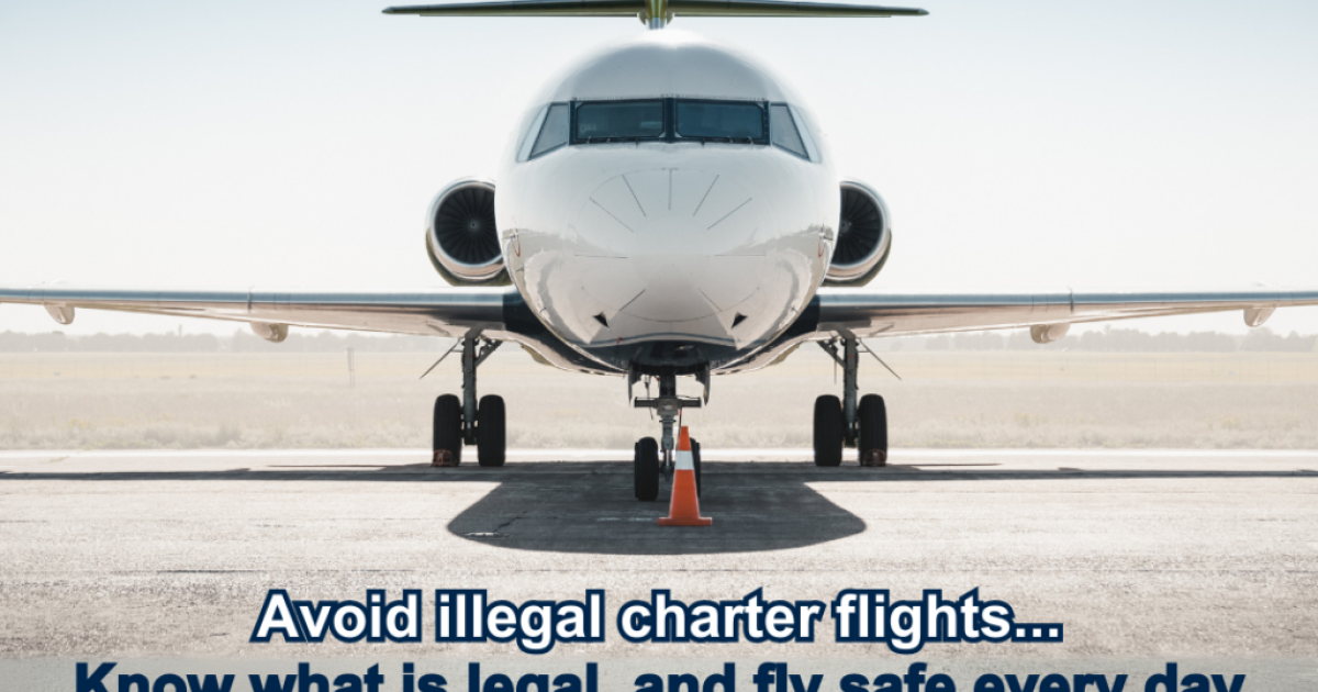 Jet on tarmac with caption 'Avoid Illegal Charter Flights'