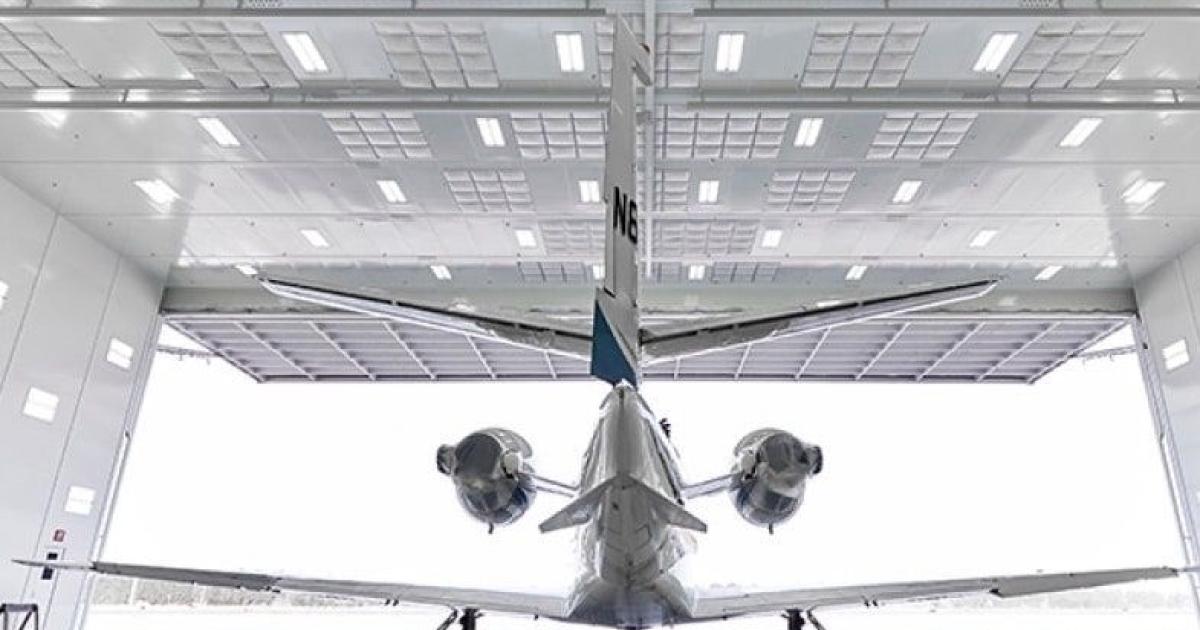 rear of aircraft in hangar