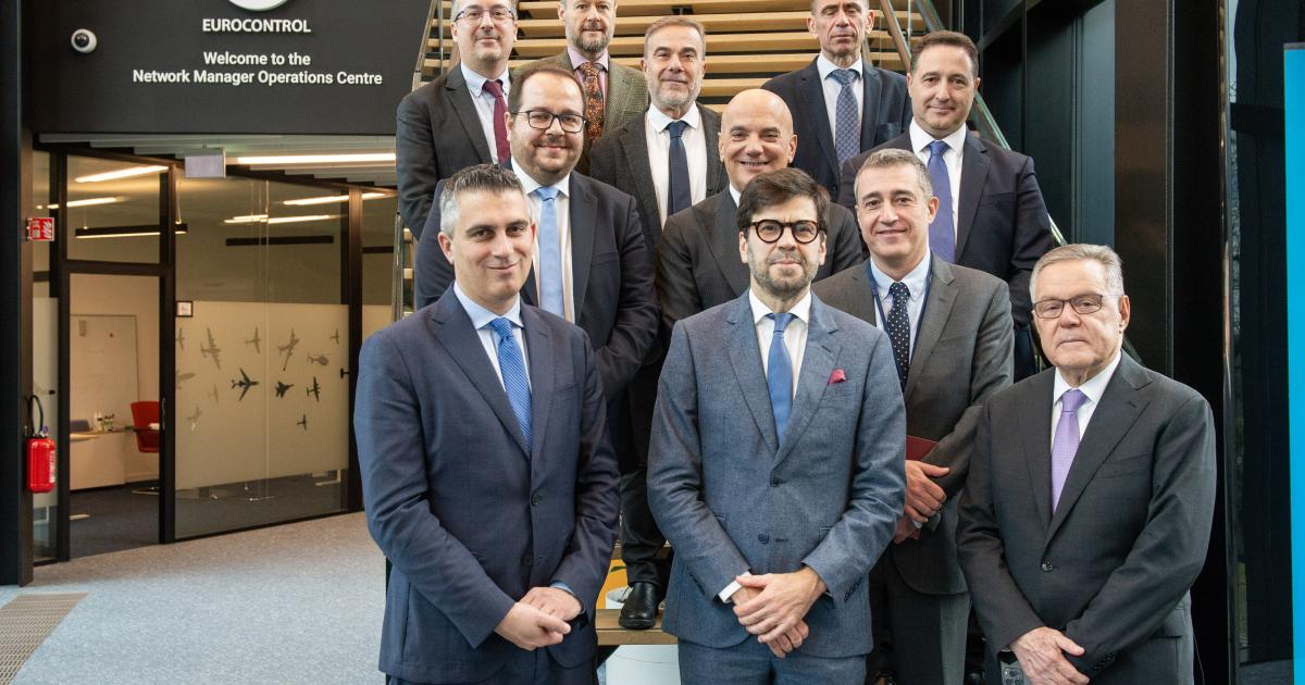 Representatives standing at Eurocontrol HQ  