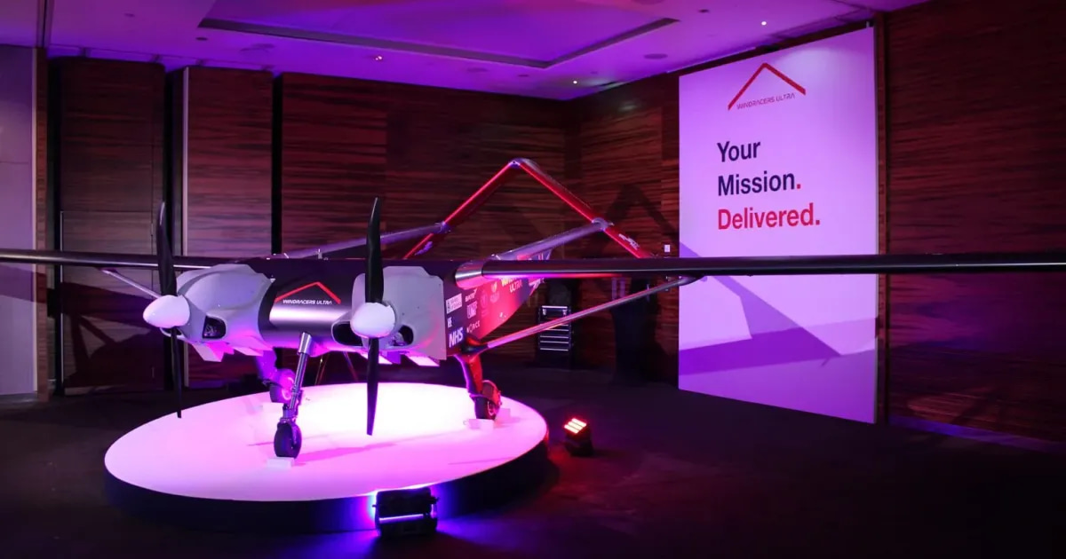 Windracers drone on illuminated plinth at London unveiling event 