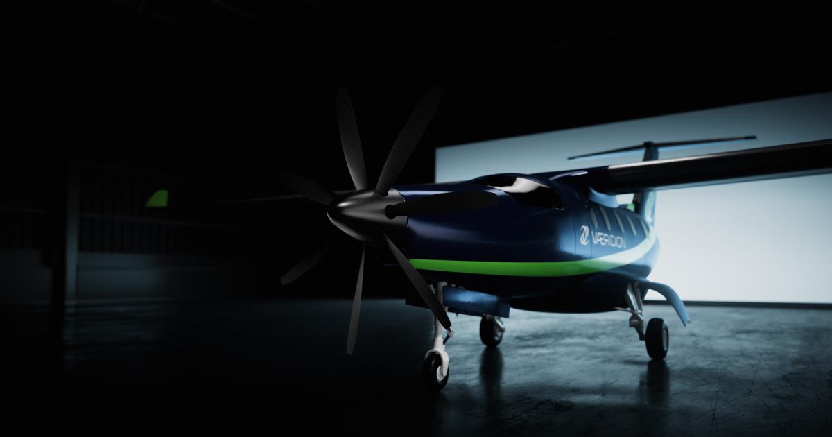 Microliner aircraft mockup in shadowy hangar