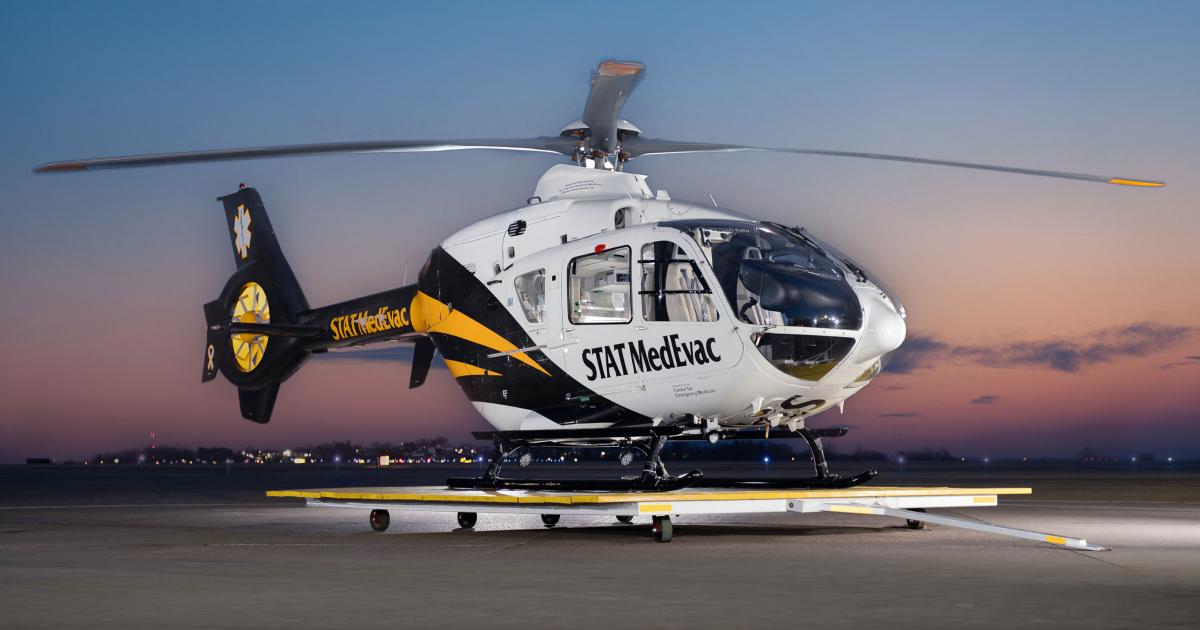 A helicopter on a launch pad at dusk