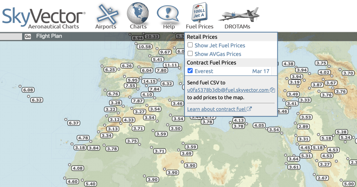 Screen shot showing SkyVector contract fuel map pricing