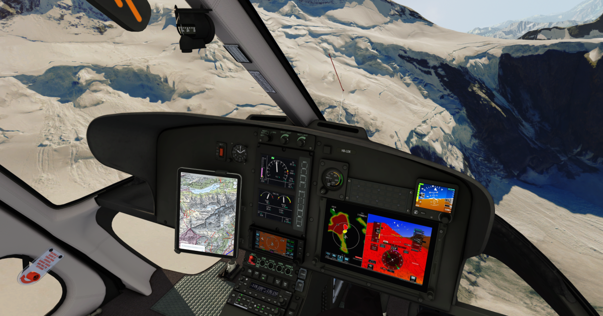 simulator view from a helicopter cockpit in the mountains